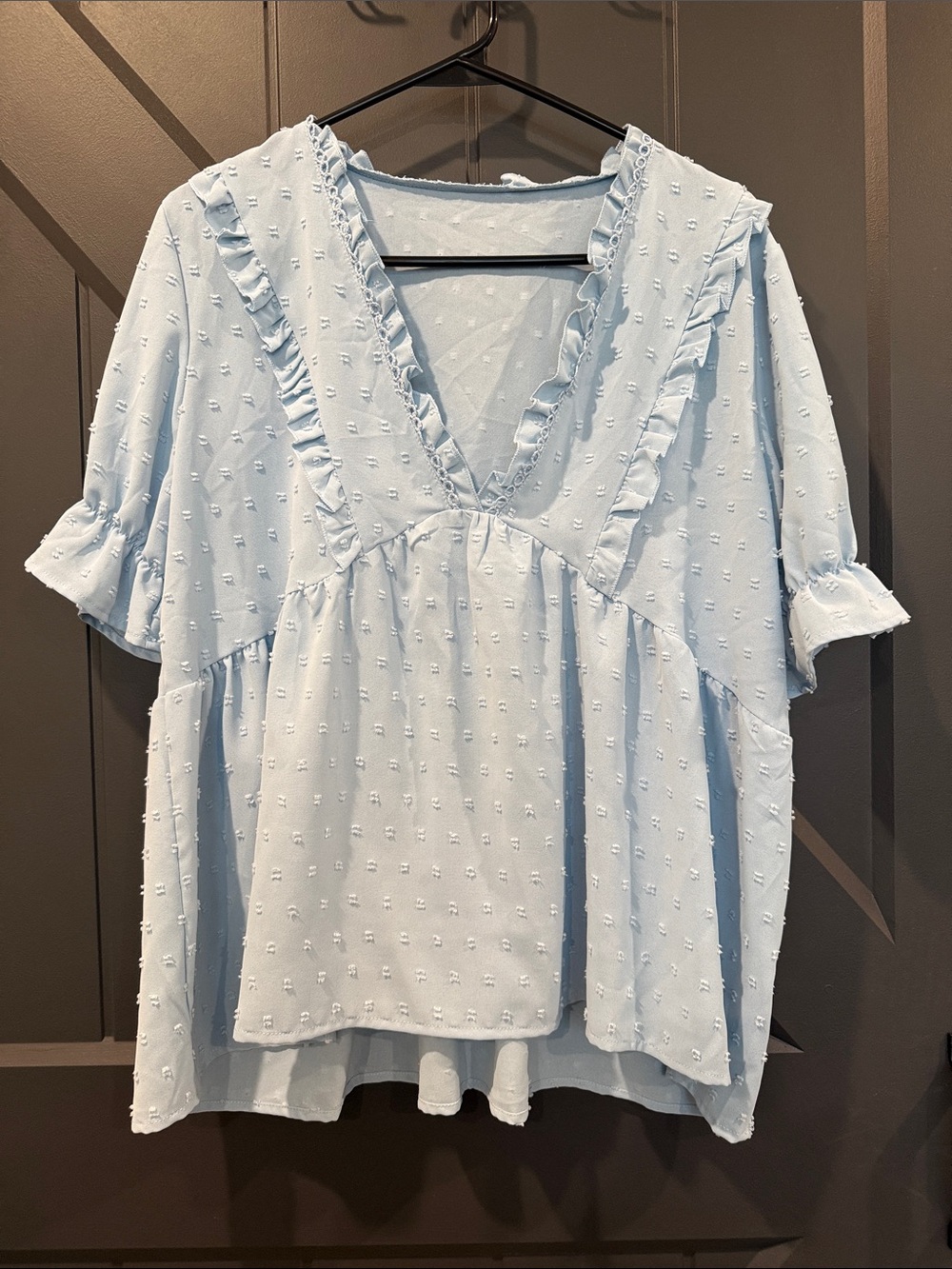 SHEIN Light Blue Ruffle V-Neck Swiss Dot Blouse